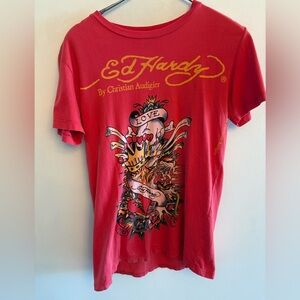 Vintage Y2K Ed Hardy Christian Audigier Red Short-Sleeve Tattoo-Graphic Tee